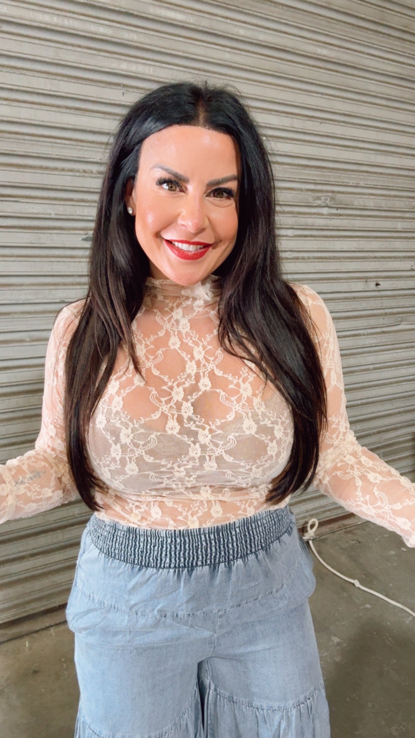 Dusty ROse Sassy Sheer Lace Long Sleeve Top