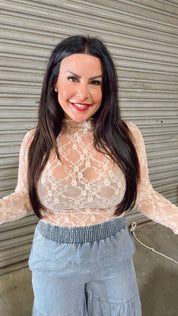 Dusty ROse Sassy Sheer Lace Long Sleeve Top