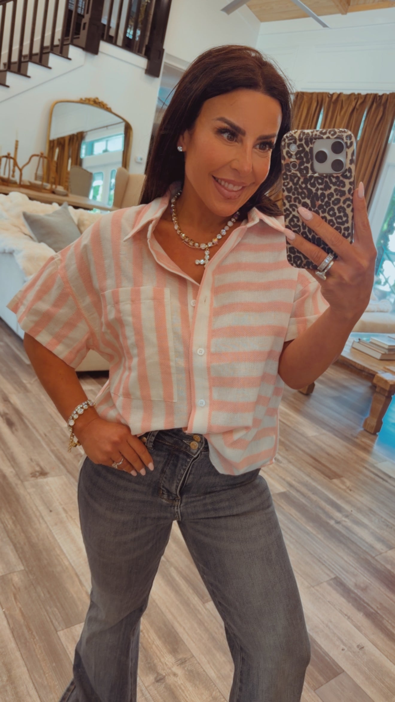 Pink and White Striped Button Up Top
