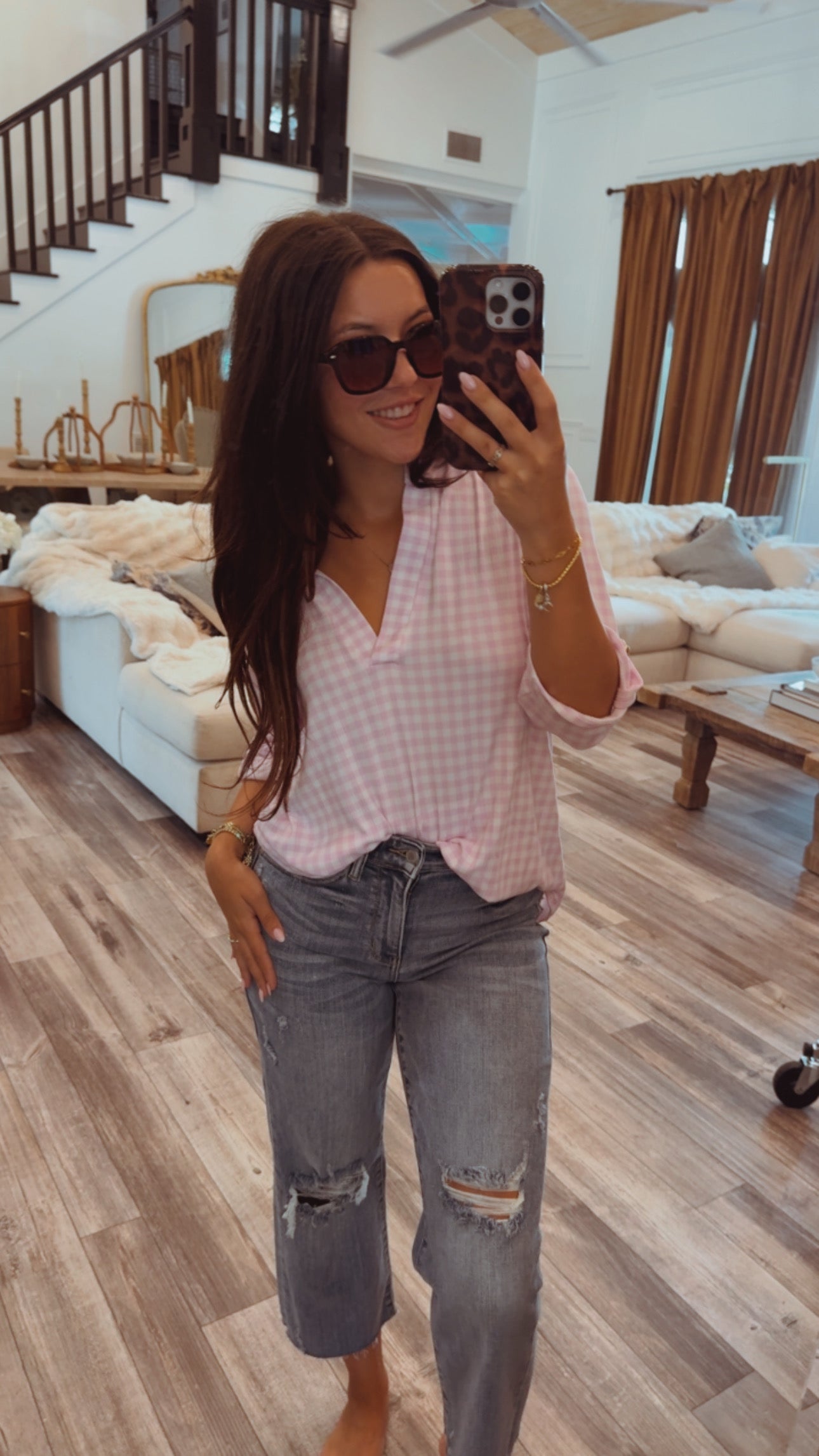 Purple and White Gingham Ultra Soft 3/4 Sleeve Top