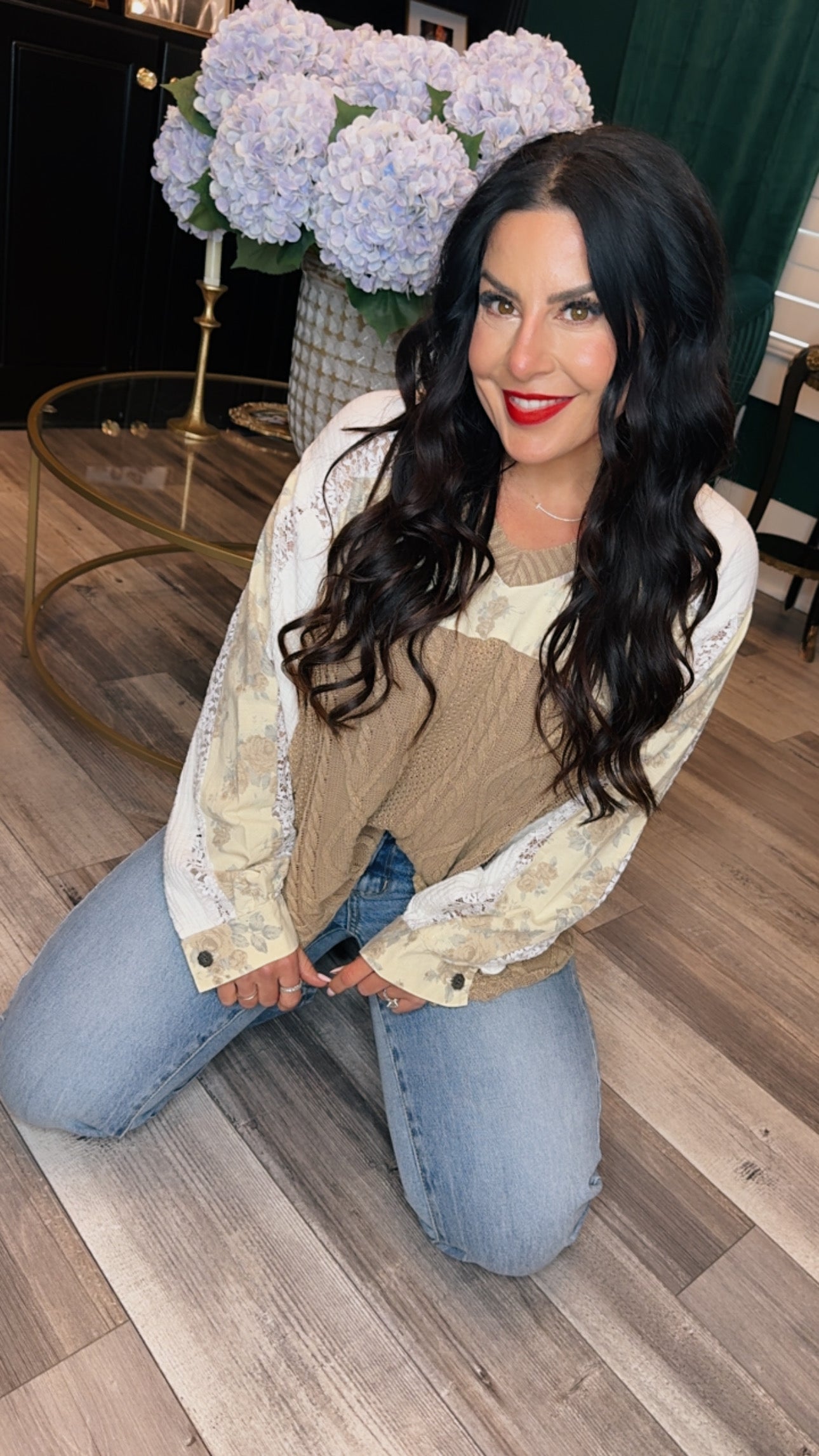 Chic POL MOcha and Cream Cable Knit Floral V-neck Sweater