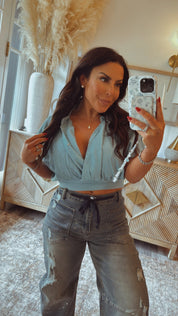 Teal Lightweight Linen Deep V Top