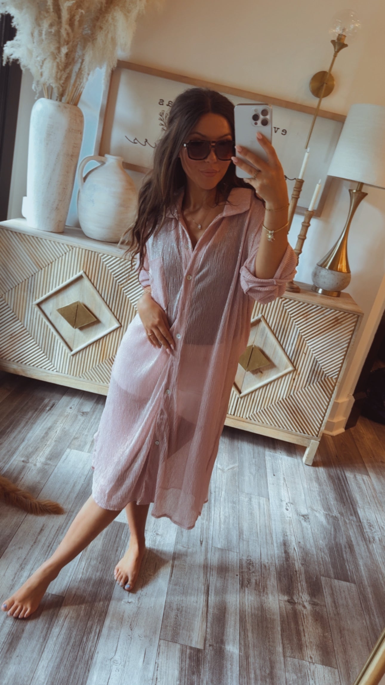 Rose Pink Sparkling Mermaid Button Up Long Cover Up