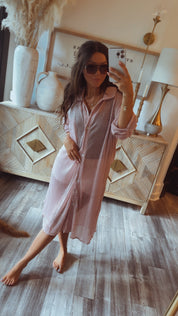 Rose Pink Sparkling Mermaid Button Up Long Cover Up