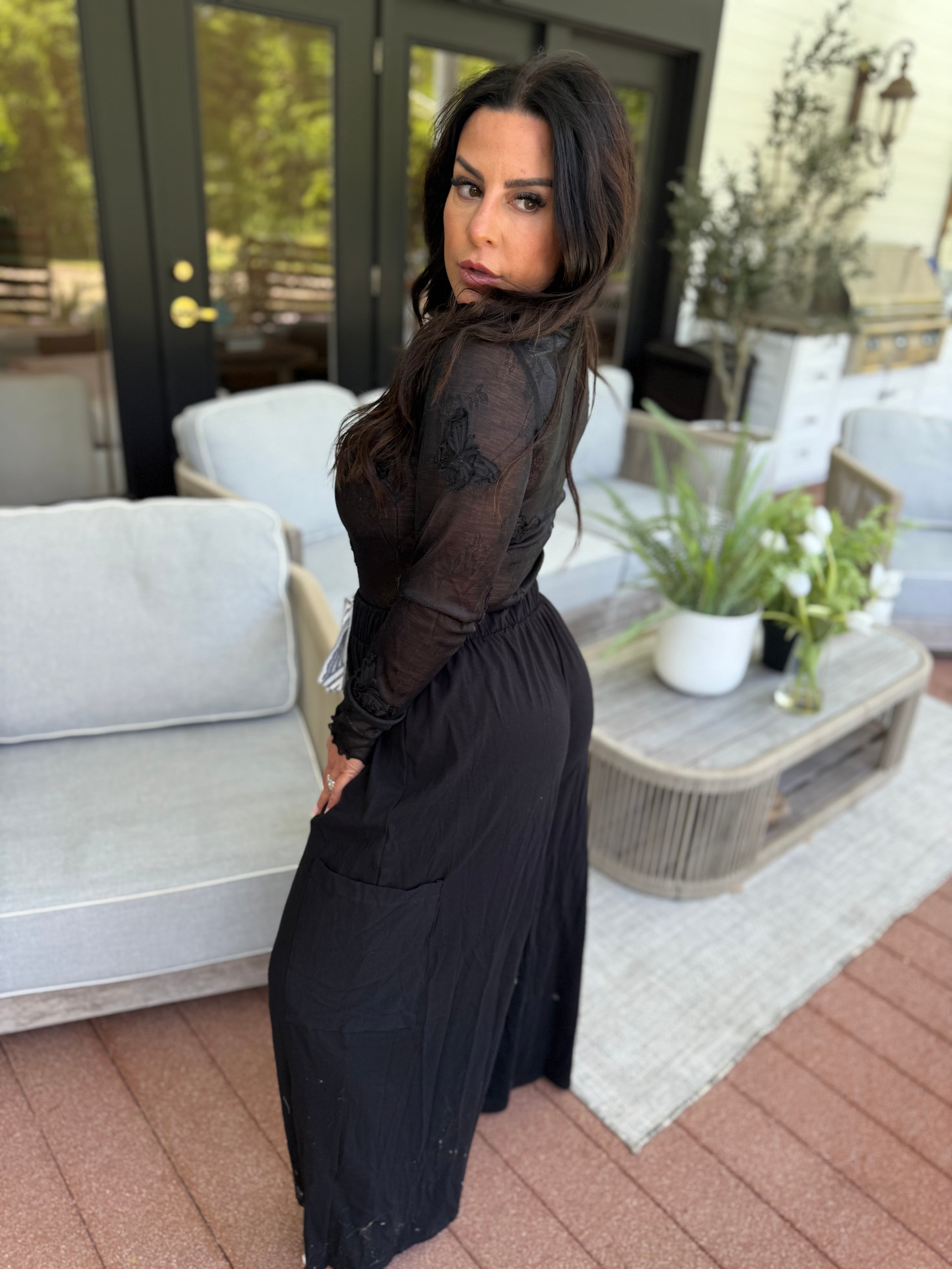 Ultra Soft Black Loose Fit Pants With Wide Linen Stripe Tie