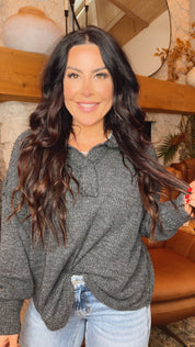 Black Washed Waffle Knit Collar Rae Mode Top