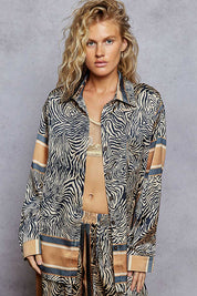 POL Tan and Navy Zebra Silky Long Sleeve Top