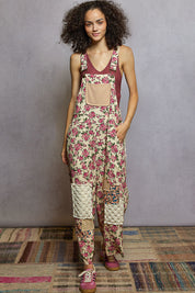 POL Cream Loose Fit Floral Overalls