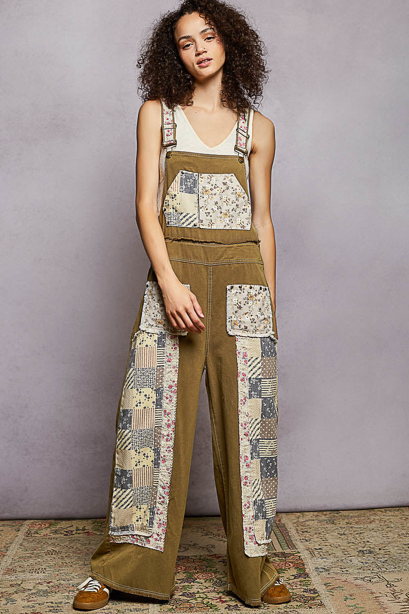 POL Olive Stripe Denim Patchwork Overalls