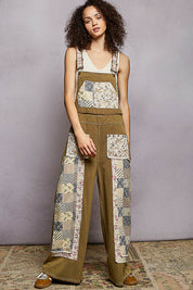 POL Olive Stripe Denim Patchwork Overalls