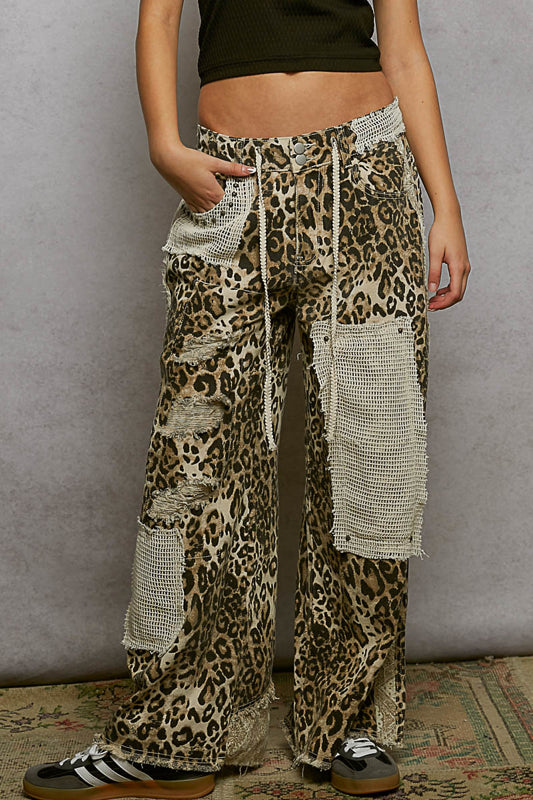 POL Sand Leopard Denim Stud Bottoms