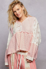POL Baby Pink and White Ballon Sleeve Hoodie