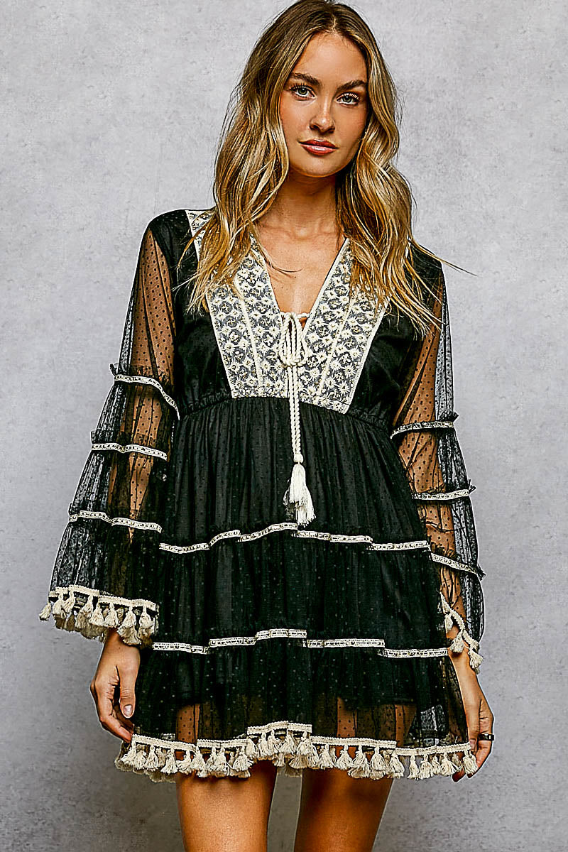 POL Sassy Black And Cream Lace Sleeve Dress