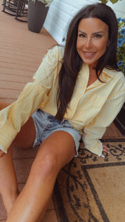 Yellow and White Striped Button Up Long Sleeve Top   Stich&Co