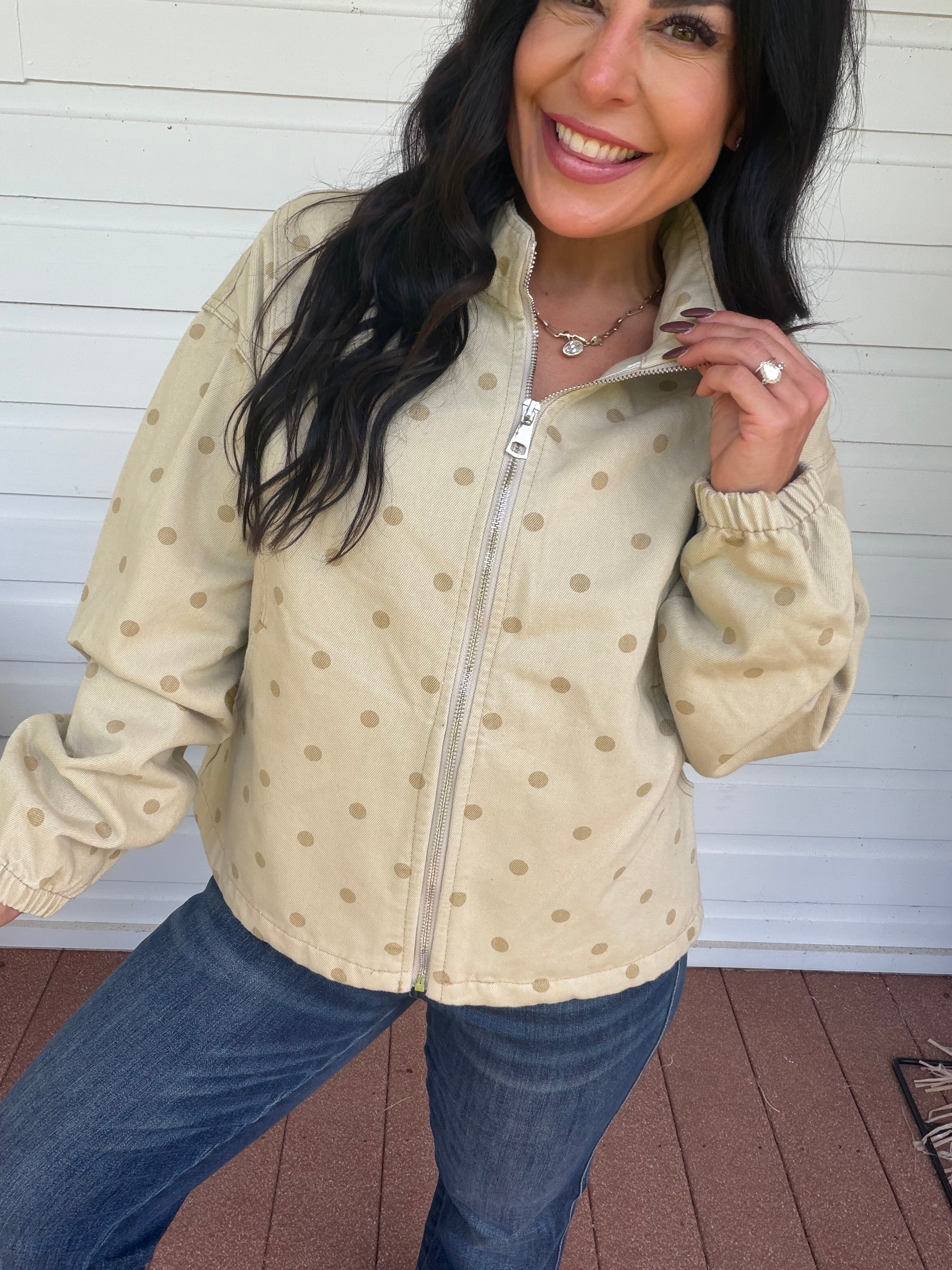 Taupe Dot Denim Zip Up Jacket