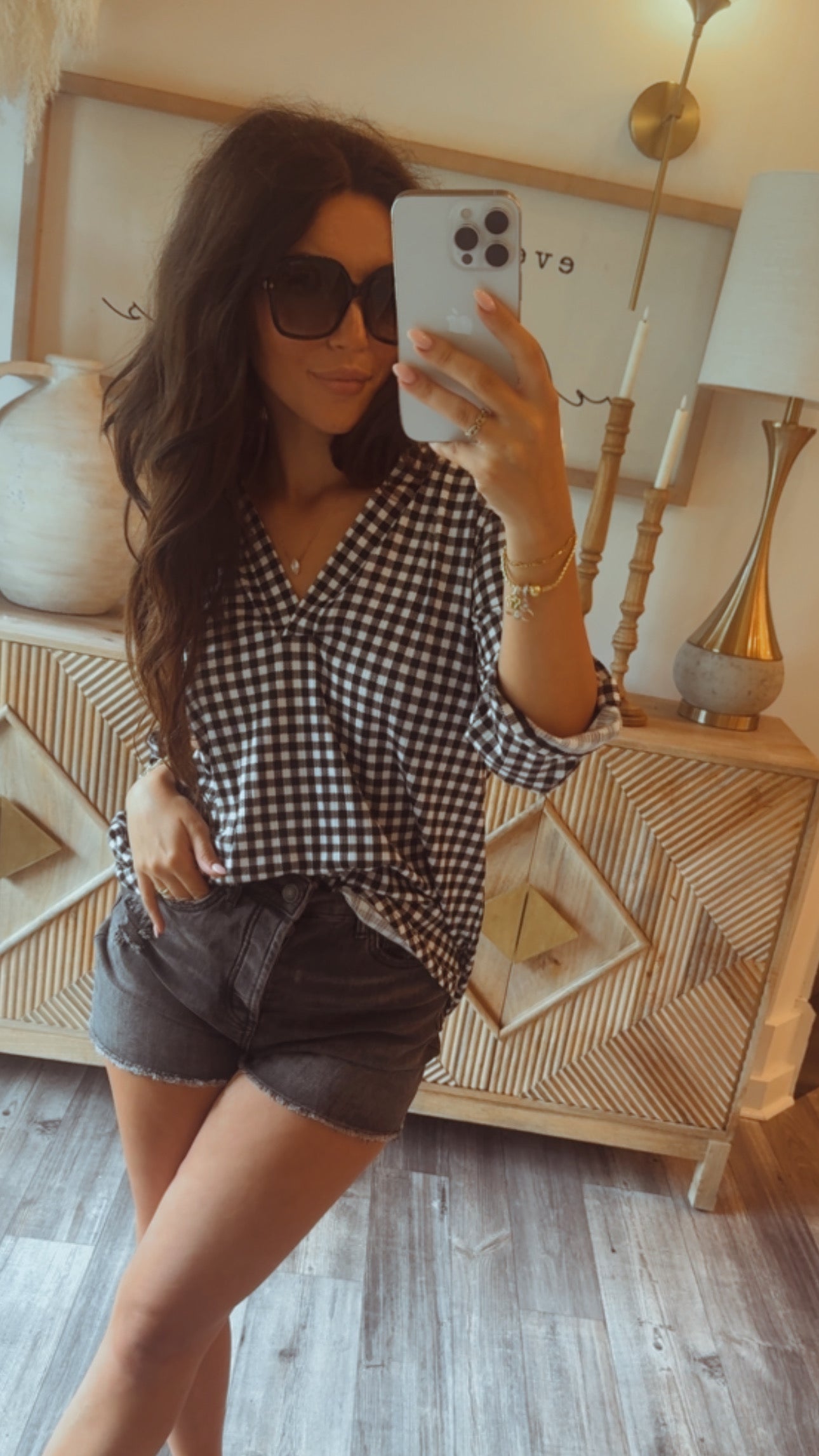 Soft Black and White Gingham 1/4 Sleeve Top