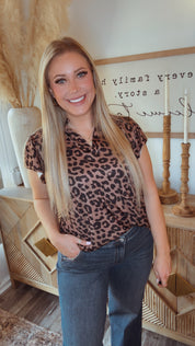 Cheetah Ruffle Sleeve Vneck Top