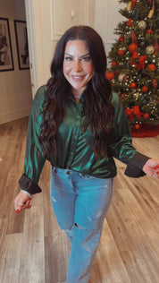 Hunter Green  Sparkle Button Down Long Sleeve Top