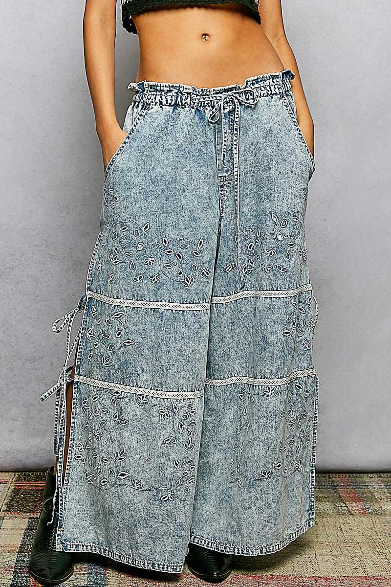 POL Denim Wide Leg Laser Cut Pants