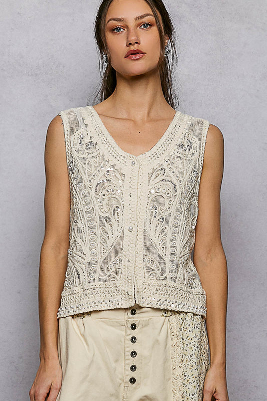 POL Natural Crochet Knit Pearl Button Top