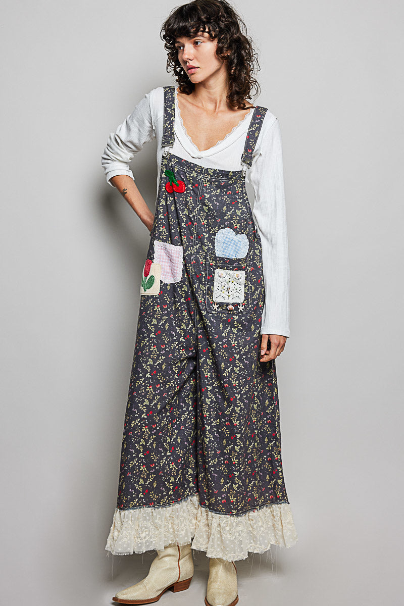 Pol  Black and Floral Lace Trim Overalls 30a