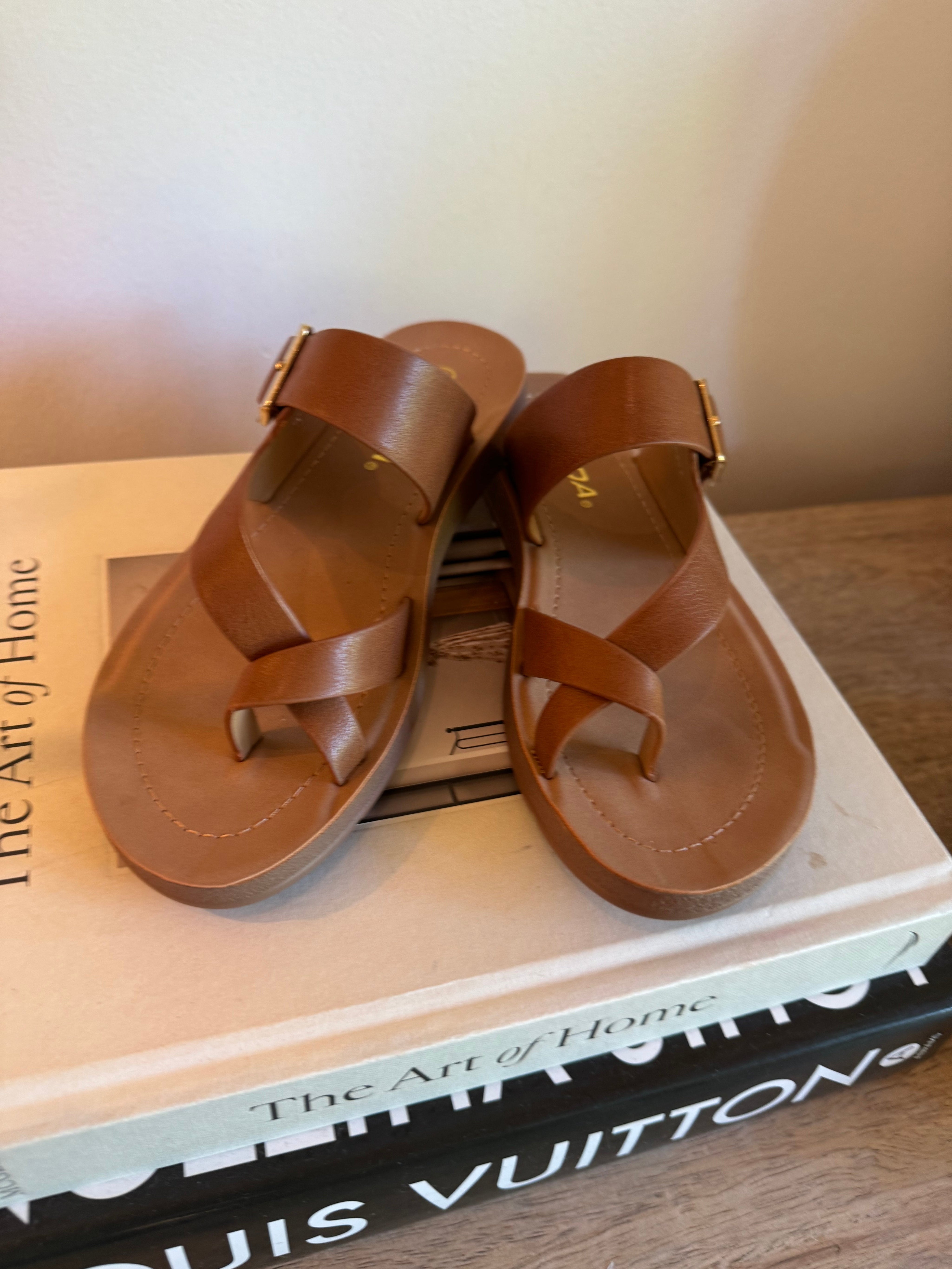 Brown and Tan Criss Cross Strap Sandals