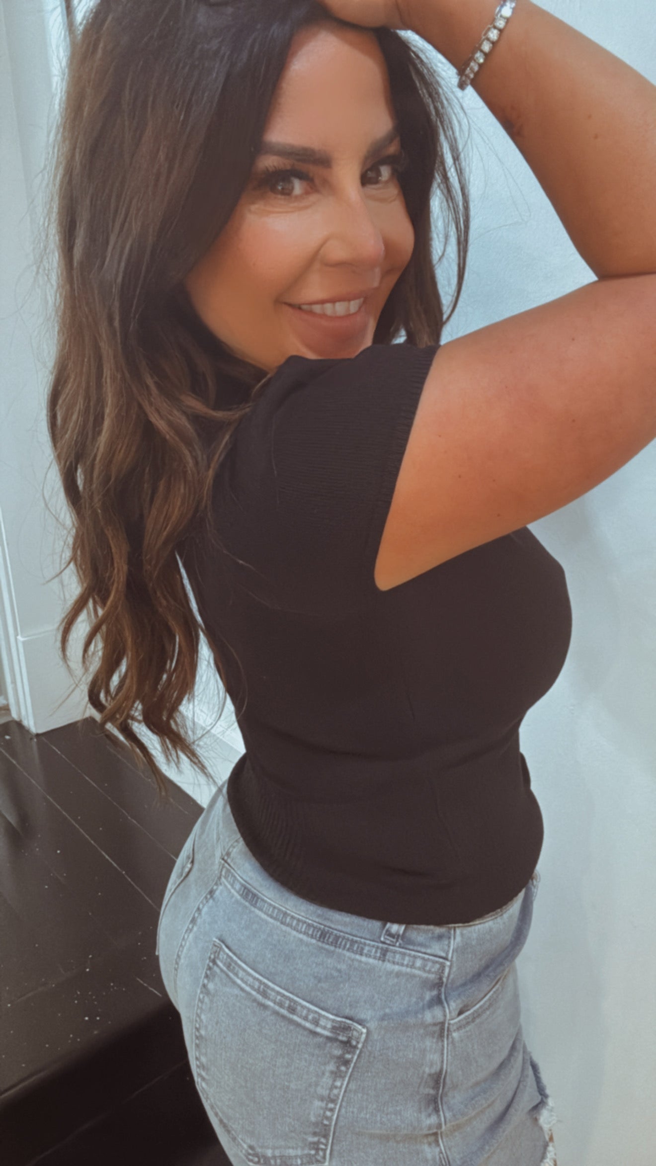 Black Button Up Knit Short Sleeve Top