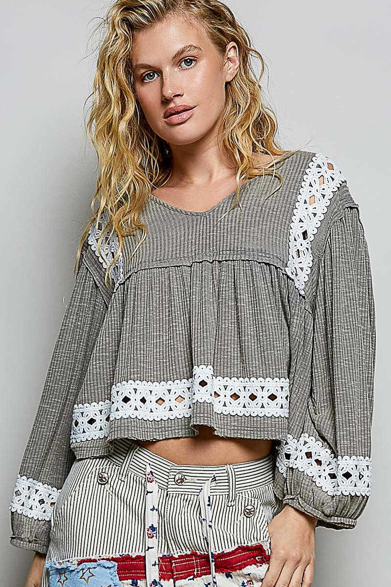 Pol  Olive and Grey white Lace Loynge Sleeve Relaxed Fit Top 30a