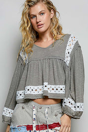Pol  Olive and Grey white Lace Loynge Sleeve Relaxed Fit Top 30a