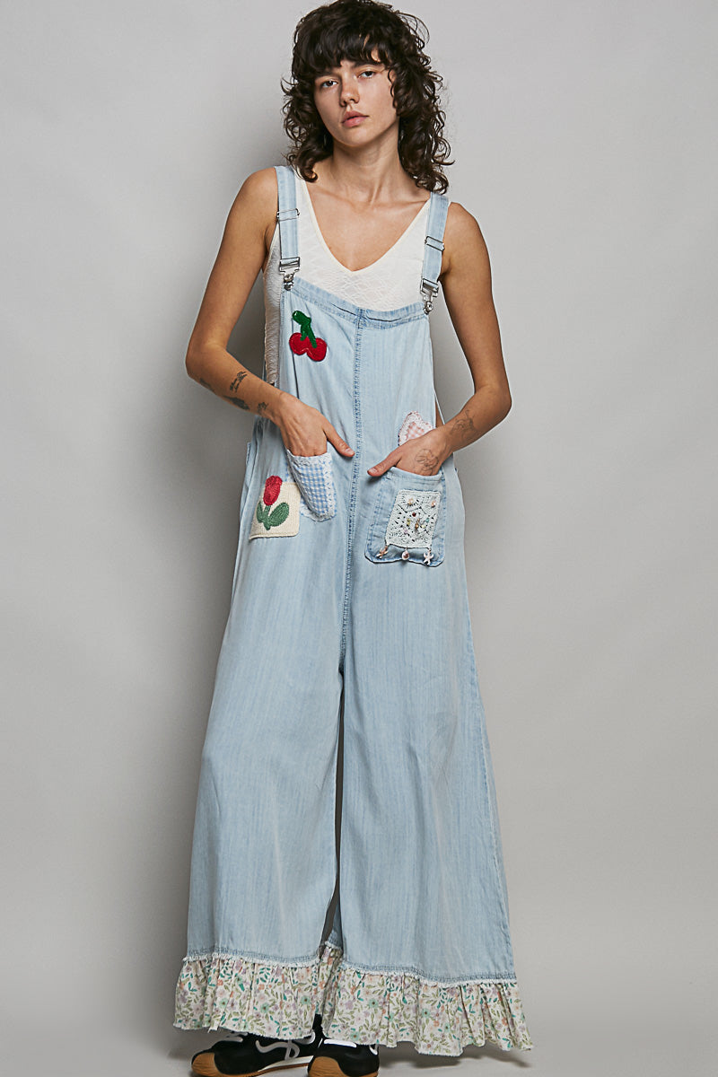 POL Denim and Floral Cherry Bomb Overalls