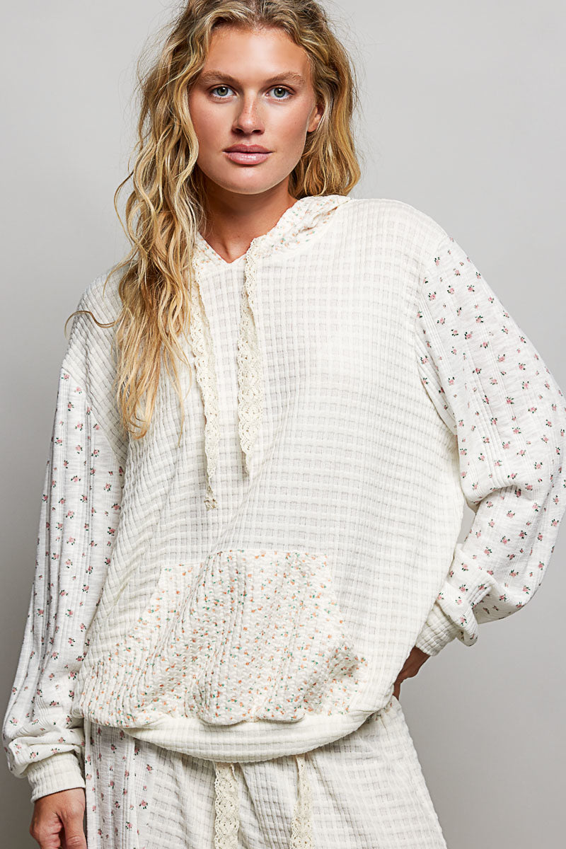 POL Natural and Multi Floral Knit Panel Hoodie