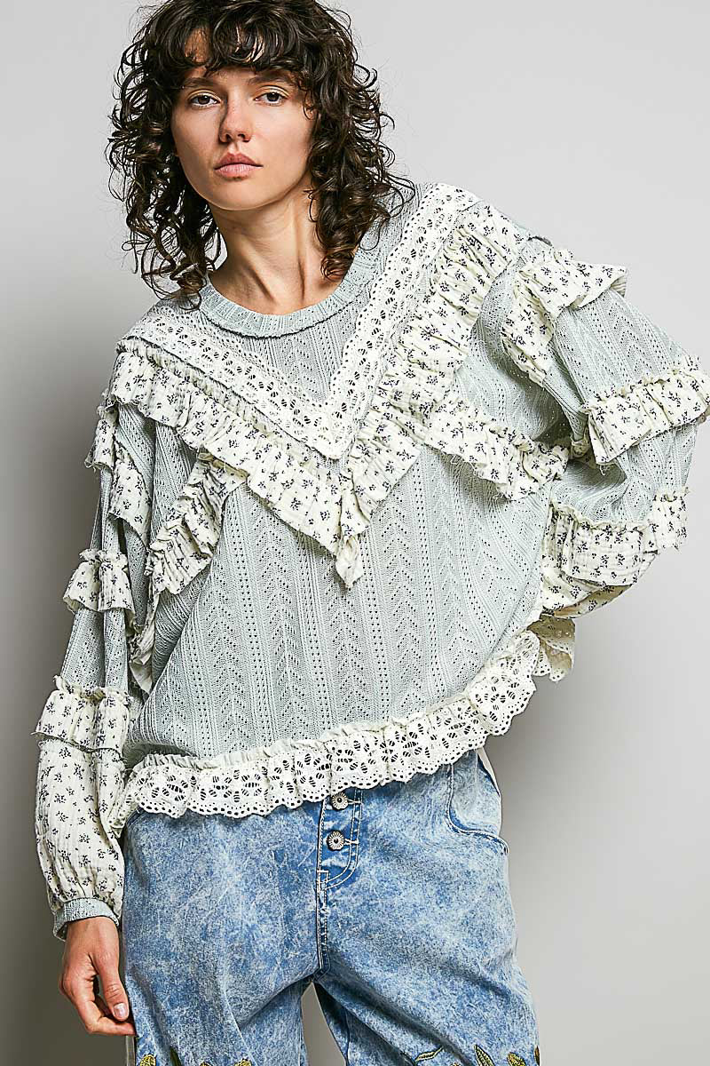 POL Mint Sage and Floral Boho Long Sleeve Top