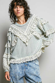 POL Mint Sage and Floral Boho Long Sleeve Top
