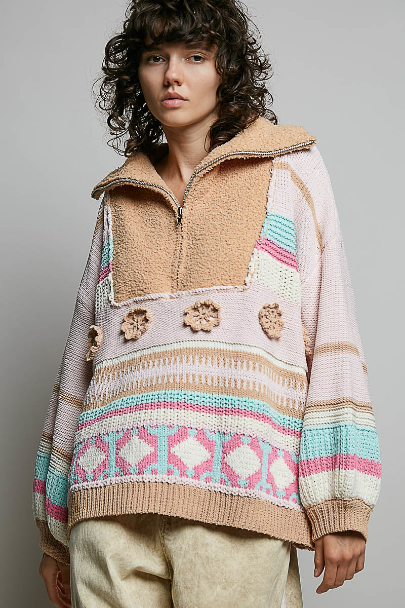 POL Blush Multi Color Stripe 1/4 Zip Sweater