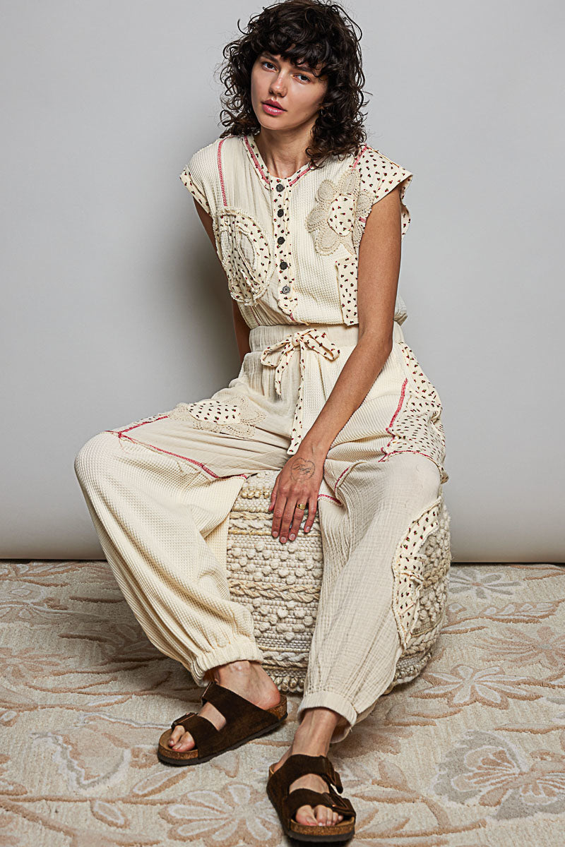 POL Cream Thermal Patchwork Jumpsuit