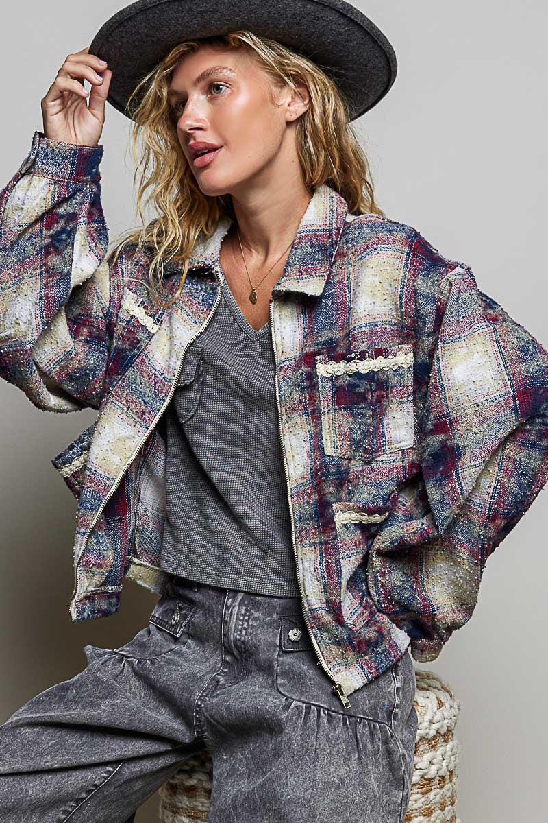 POL Burgundy Plaid Chic Zip Up Jacket