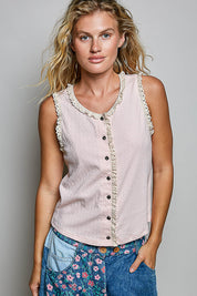 POL Blush Round Neck Button Up Sleeveless Top