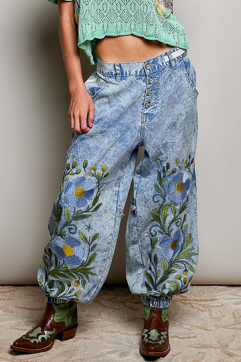 POL Blue Denim And Floral Pants