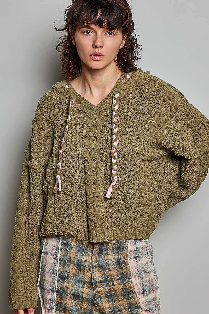 POL Moss Khaki Cable Knit Sweater
