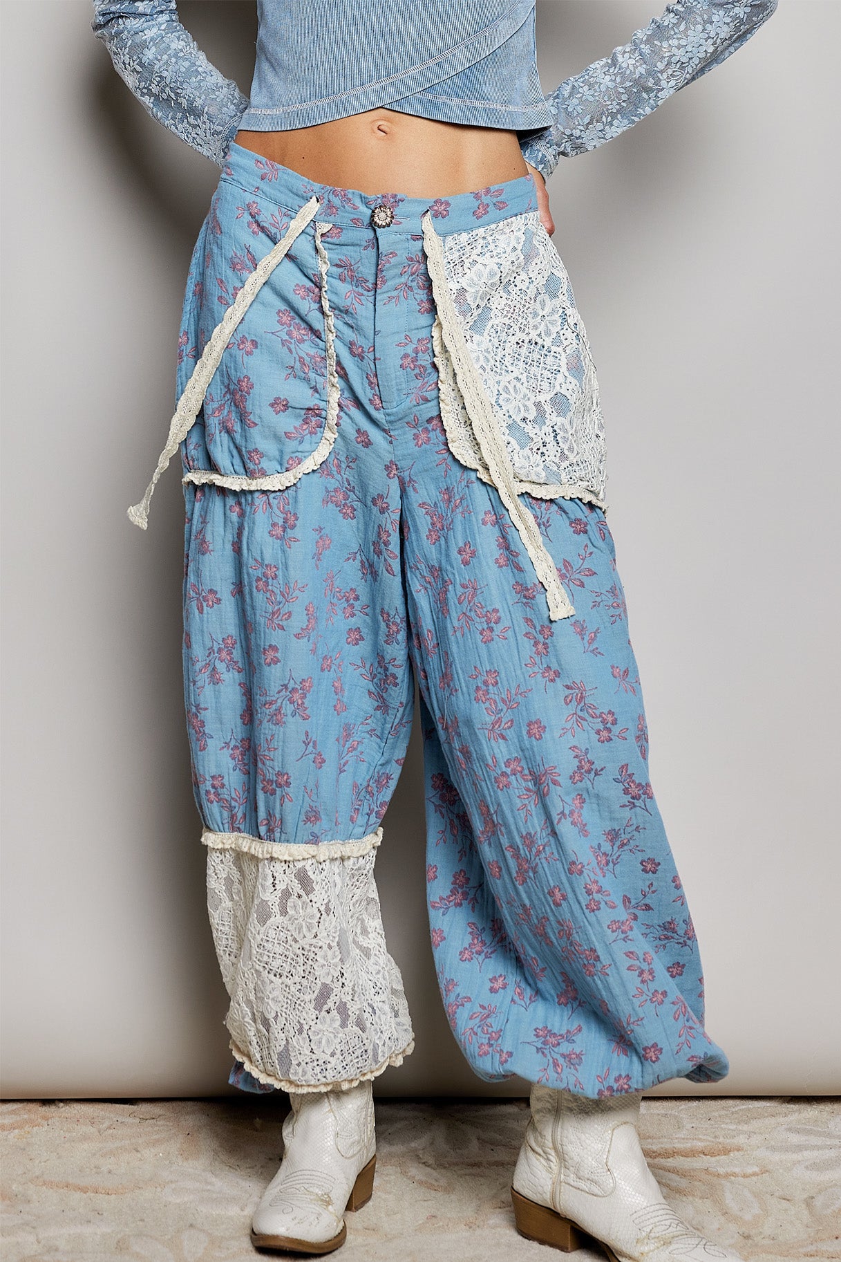 POL Denim Blue and Floral Joggers