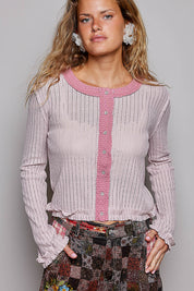 POL Soft Pink 1/4 Button Long Sleeve Top