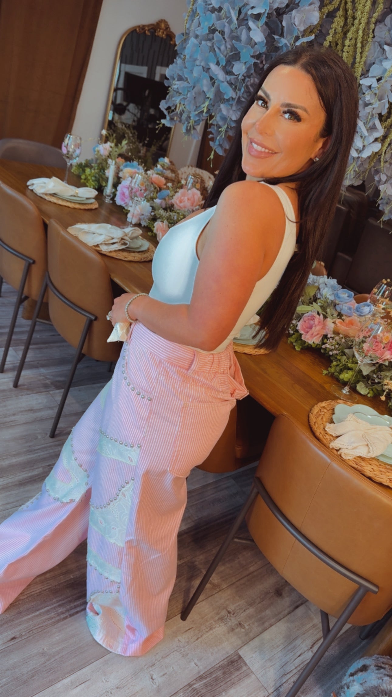 Chic POL Pink and Striped Denim And Lace Pants