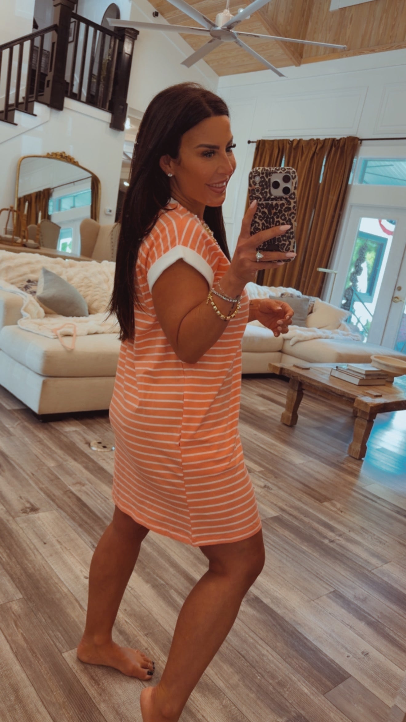 Coral and White Striped T Shirt Dress