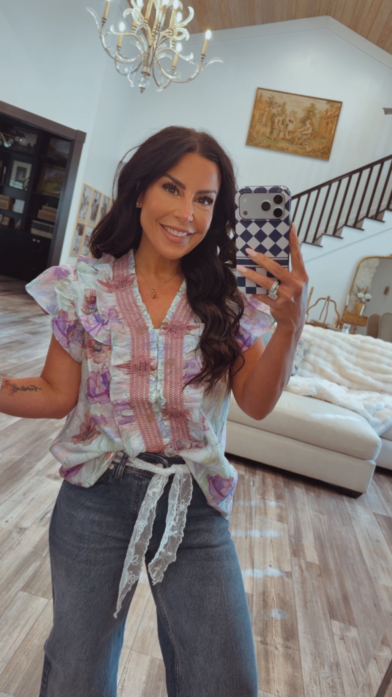 Multi Color Floral Ruffle Sleeve Top