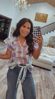 Multi Color Floral Ruffle Sleeve Top