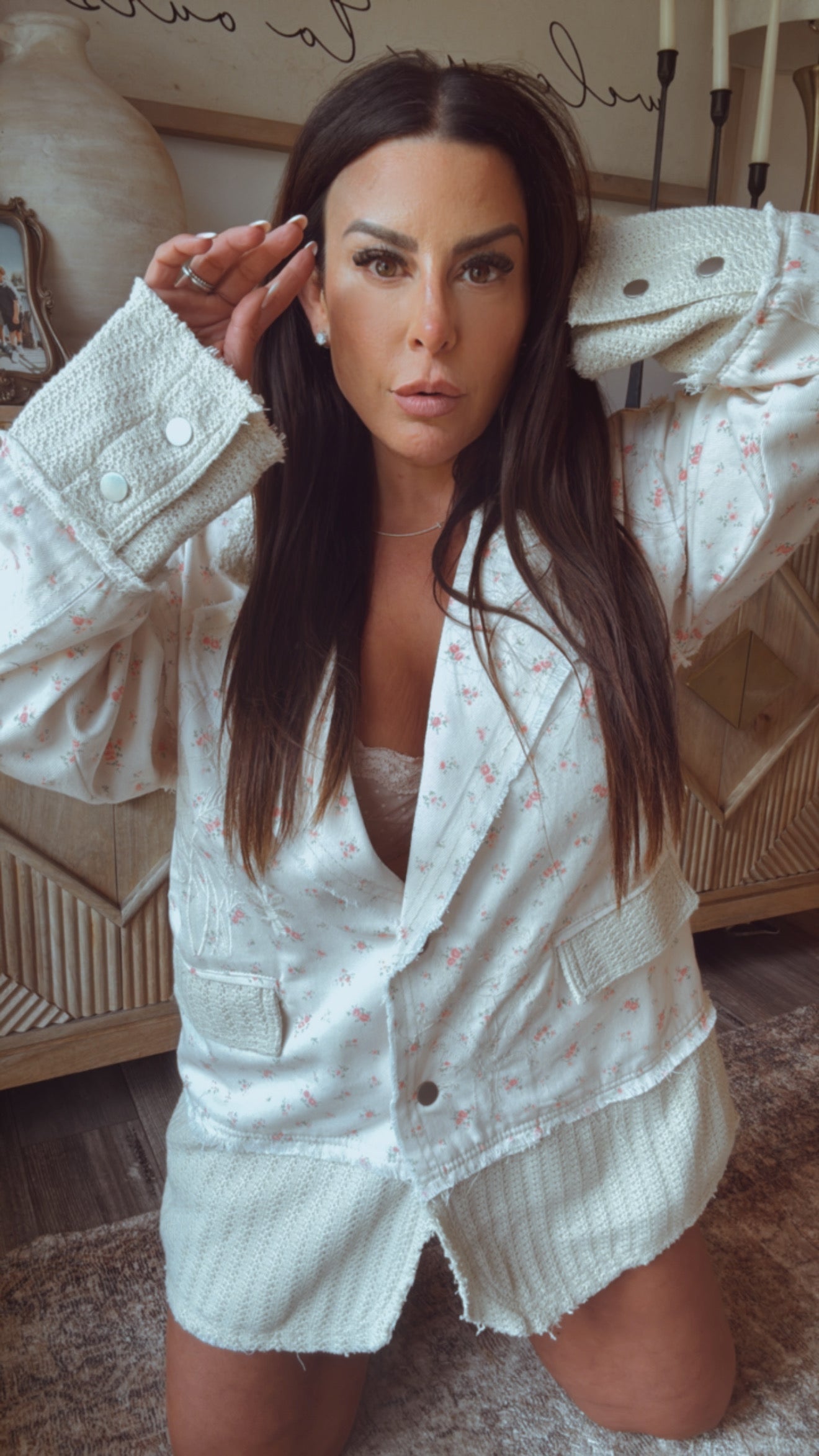 POL Cream and Pink Floral Button Up Denim Jacket