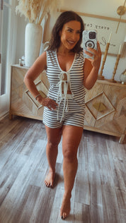 Black and White Striped Ribbed Top and Shorts Set