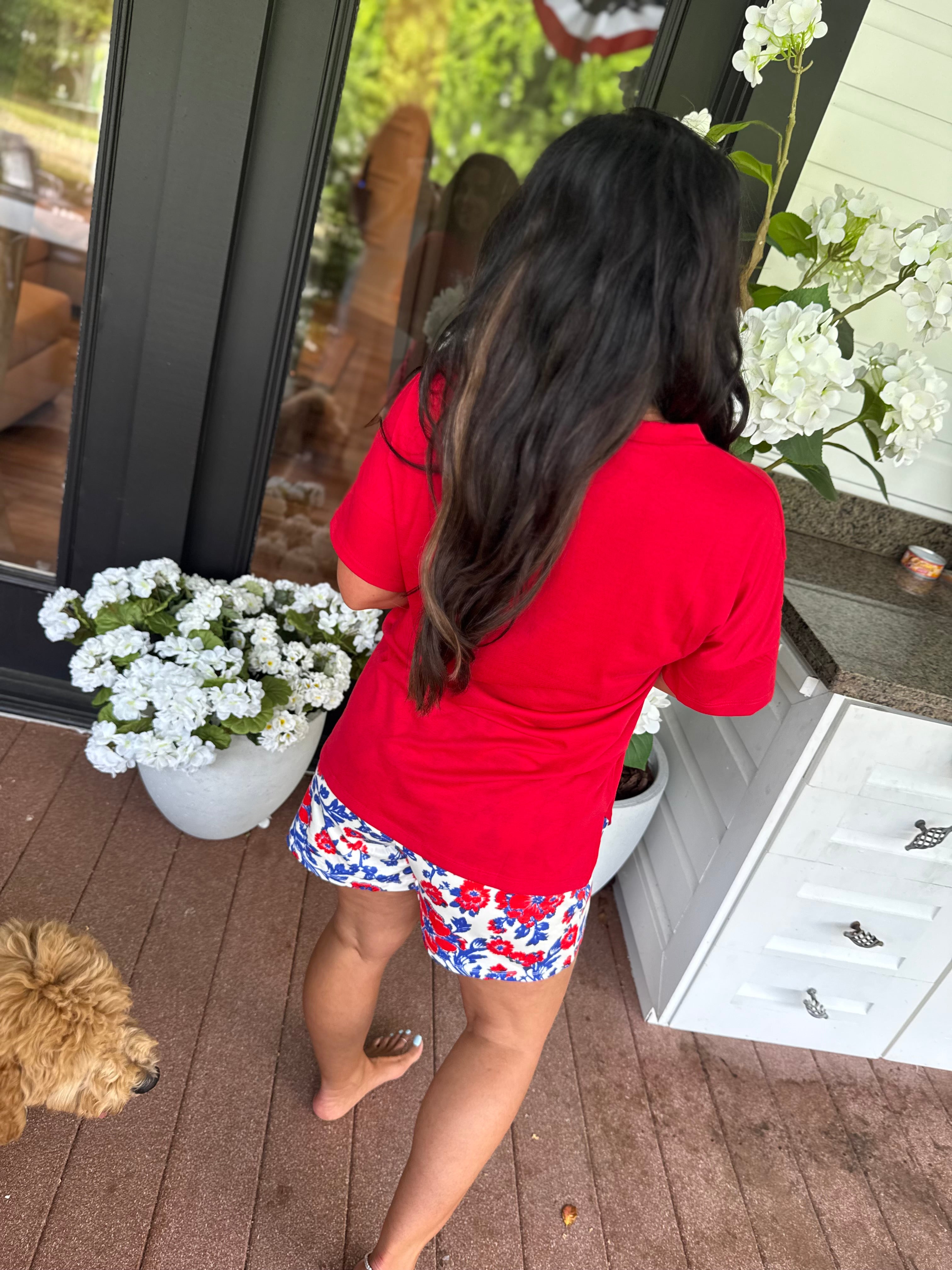 Red White And Blue Floral Usa Top and Shorts Set