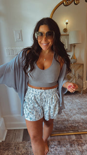 Blue and White Floral Ruffle Pocket Trim Shorts