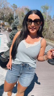 Sea Blue Ribbed Cream Lace Tank